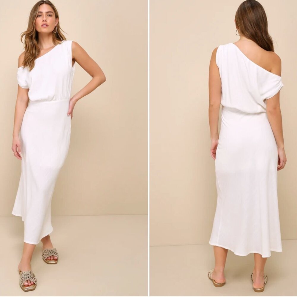 LULU's Casual Cotton Blend Chic Modern Minimalistic Off the Shoulder Midi Dress